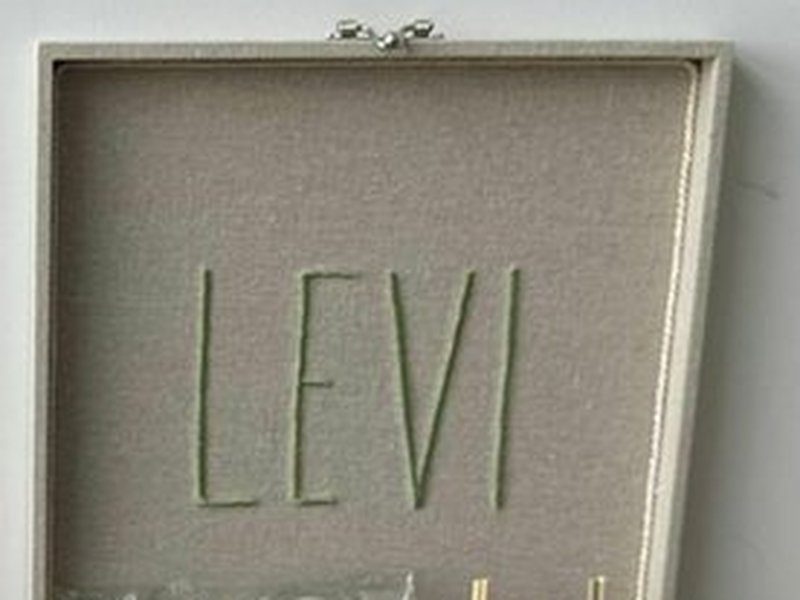 LEVI bordado em verde no forro da tampa da caixa