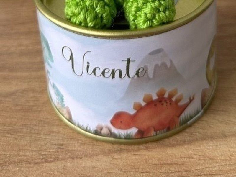 O r�tulo aquarelado com vulc�o e dinossauros e o nome Vicente em cursiva