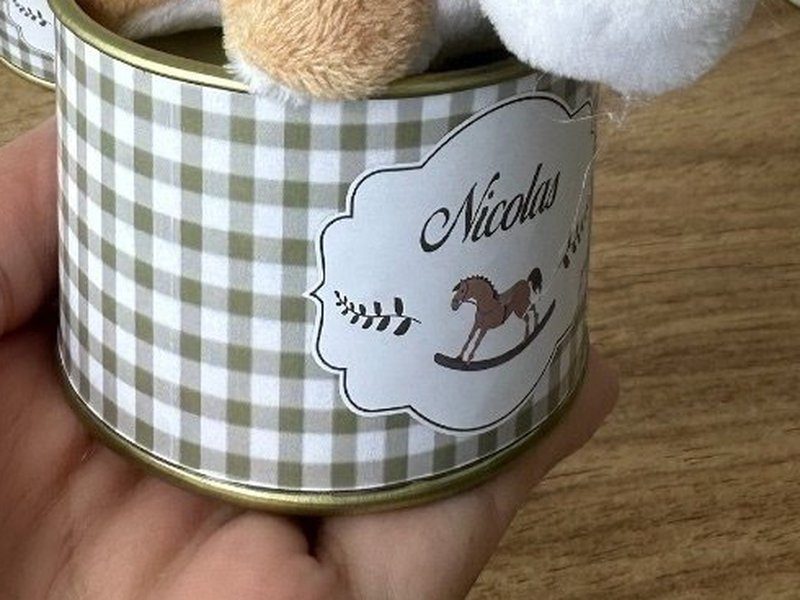 R�tulo xadrez verde escuro da latinha com o nome Nicolas e um cavalo de balan�o desenhado, e o potro de pel�cia bege sobre a lata