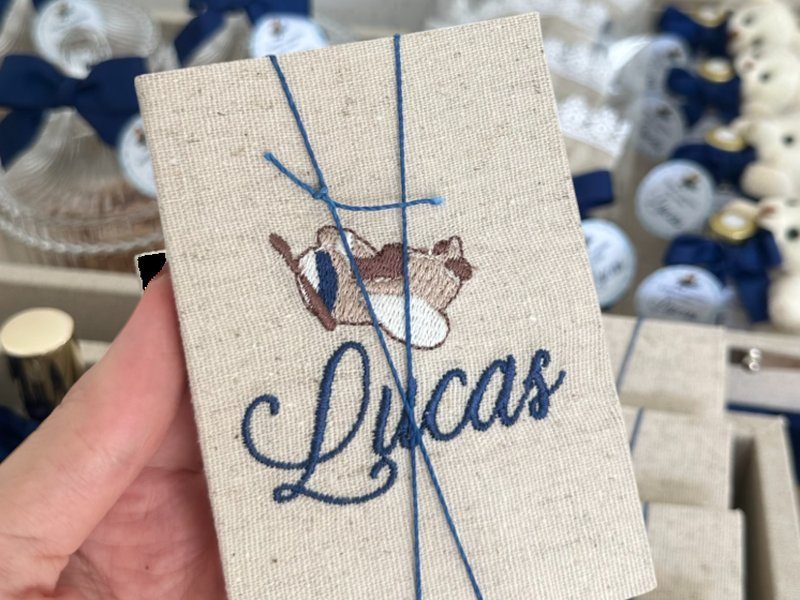 Capa de linho com biplano bordado, tracejado azul da rota de voo e Lucas por extenso em cursiva