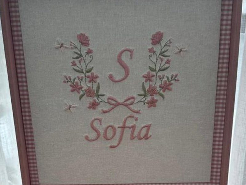 A tampa forrada de linho cru com passepartout xadrez rosa e o bordado de coroa floral, inicial S e o nome Sofia
