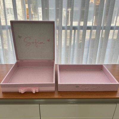 Caixa 30x30 e bandeja linho rosa