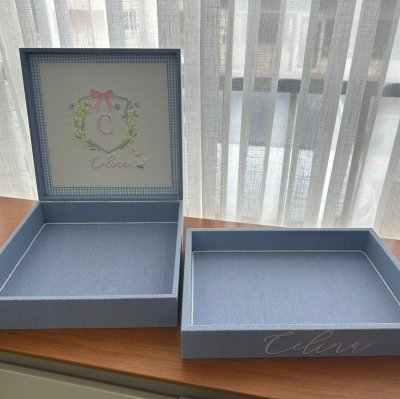 Caixa e bandeja linho azul patinho