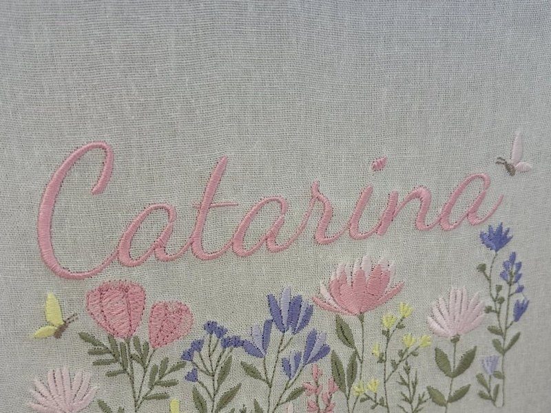 O nome Catarina inteiro em cursiva rosa com o relevo do ponto e uma borboleta bordada � direita