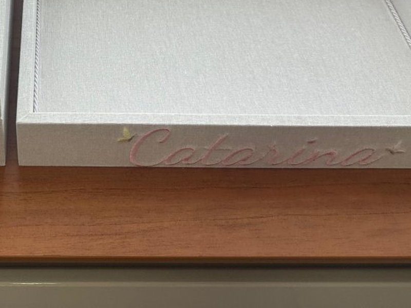 O nome Catarina bordado em rosa na lateral da bandeja, com borboletas nas duas pontas
