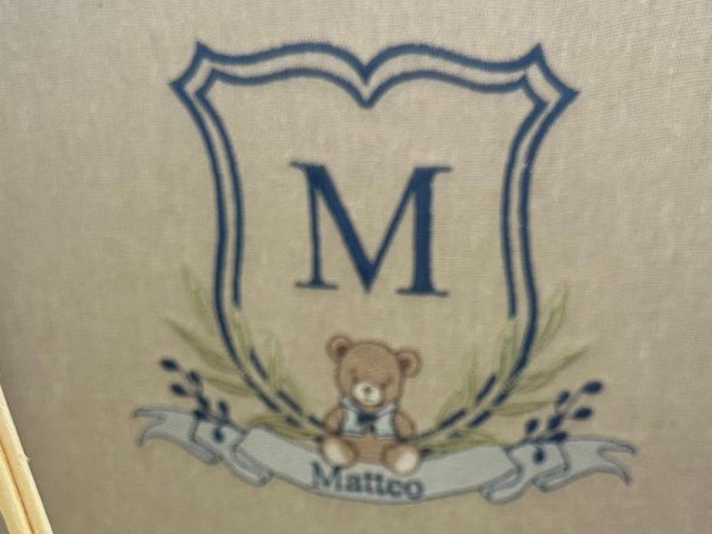 Escudo com M, ramos de folhas e frutinhos azuis e um ursinho sentado na base, faixa com Matteo