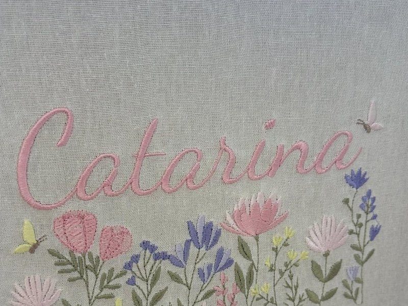 O nome Catarina bordado por inteiro em cursiva rosa, com uma borboleta amarela a esquerda e outra a direita