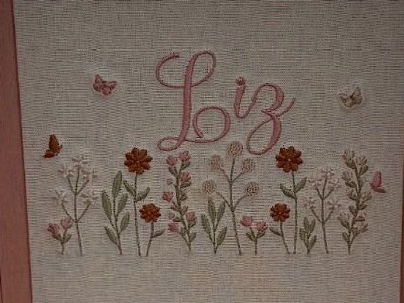 Nome Liz bordado inteiro em cursiva rosa sobre um campo de flores silvestres em tom tijolo, rosa e verde, com borboletas dos dois lados