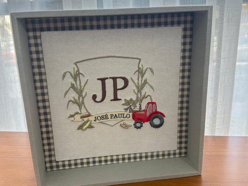 Quadro em caixa-moldura funda forrada em tecido, com painel bordado e passe-partout de xadrez