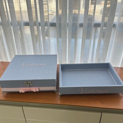 Caixa e bandeja linho azul flores