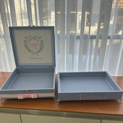 Caixa e bandeja linho azul flores