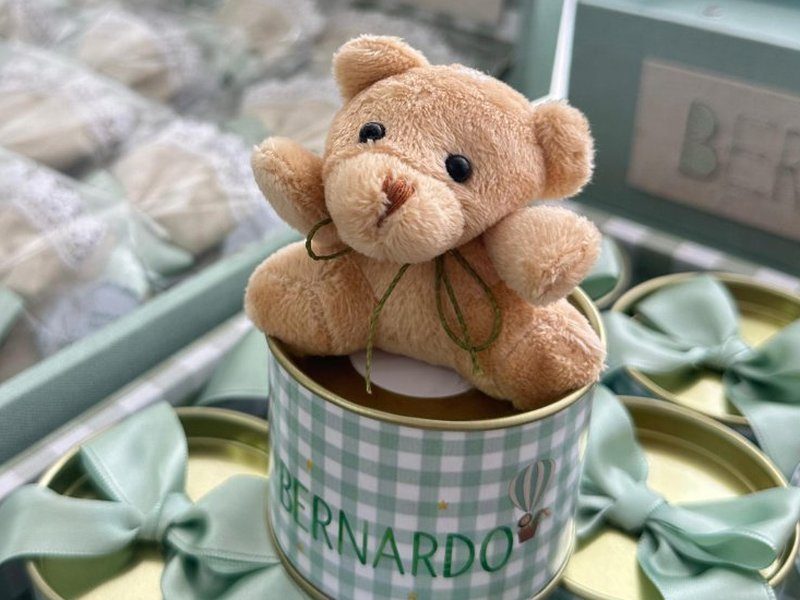 Ursinho de pel�cia com la�o de fio verde no pesco�o, sentado sobre uma lata BERNARDO