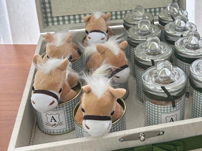 Cavalinhos de pel�cia com crina branca e cabresto sentados dentro das latas