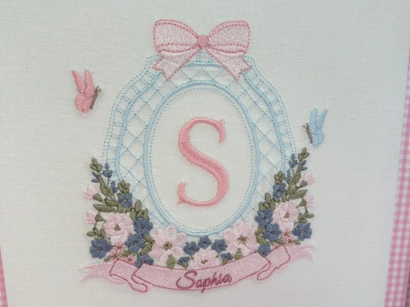 Cartela oval de treli�a azul-claro com la�o rosa no topo, a letra S rosa ao centro, borboletas nas laterais, buqu� de flores rosas e azuis e faixa com 'Sophia'