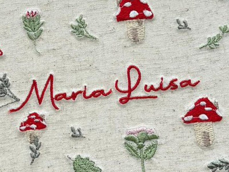 O nome Maria Luisa bordado por inteiro em cursiva vermelha, atravessando o centro do linho