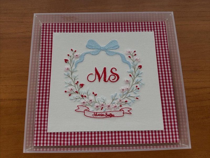 Quadro acr�lico transparente com o bras�o MS sobre passe-partout xadrez vermelho