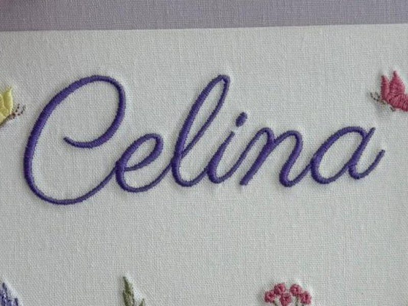 O nome Celina bordado por inteiro em cursiva roxa, com uma borboleta amarela � esquerda e uma rosa � direita