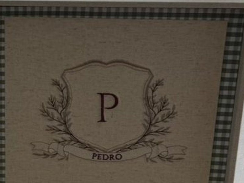 Bras�o bordado em contorno fino com ramos de oliveira dos dois lados, a inicial P ao centro e uma faixa com PEDRO