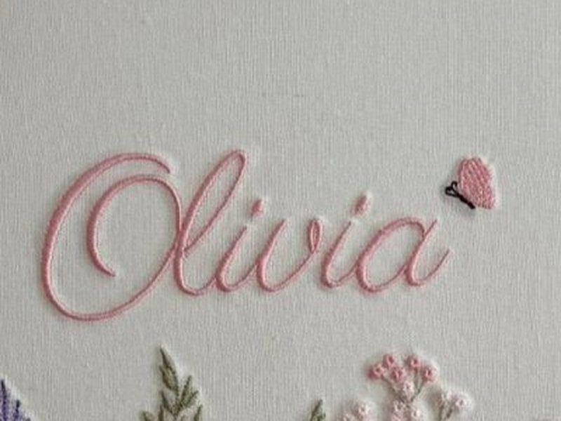 O nome Ol�via bordado por inteiro em cursiva rosa, com uma borboletinha � direita