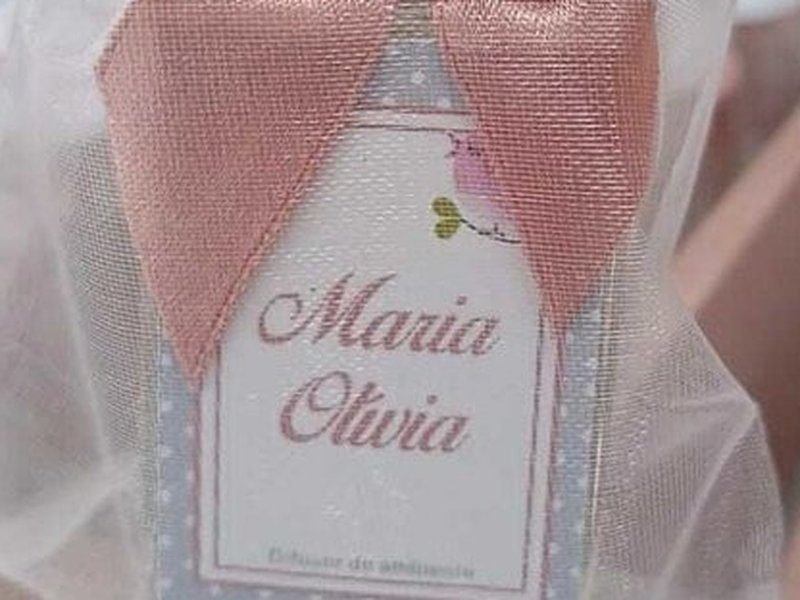R�tulo listrado cinza com o nome Maria Ol�via por inteiro em duas linhas cursivas, com um ramo de flor ao lado