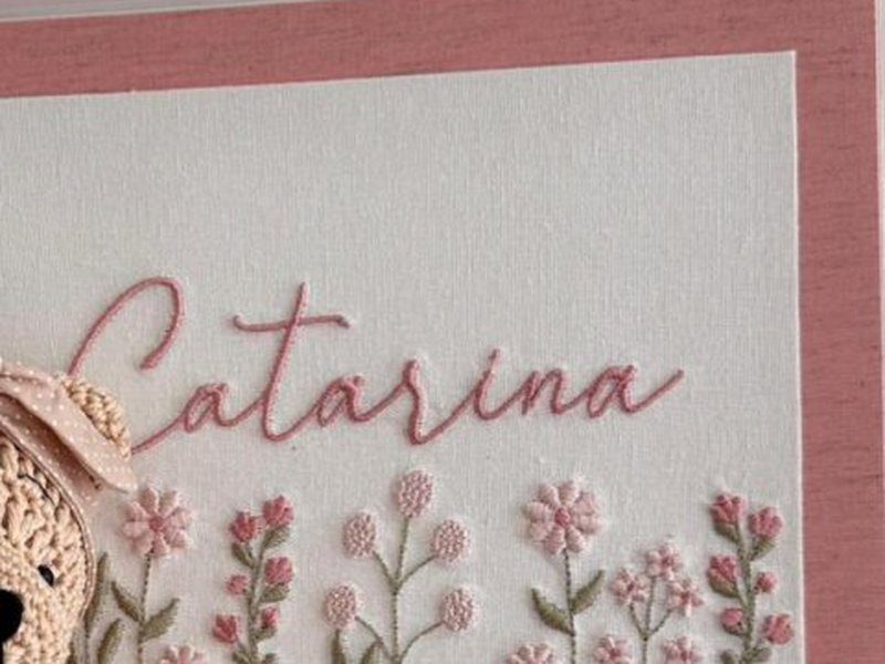 Catarina inteiro em cursiva rosa bordado no painel do quadro