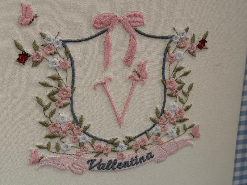 Escudo de contorno azul com la�o rosa no topo, guirlanda de flores rosa e brancas com folhas verdes, joaninhas vermelhas e borboletas, e a letra V rosa ao centro