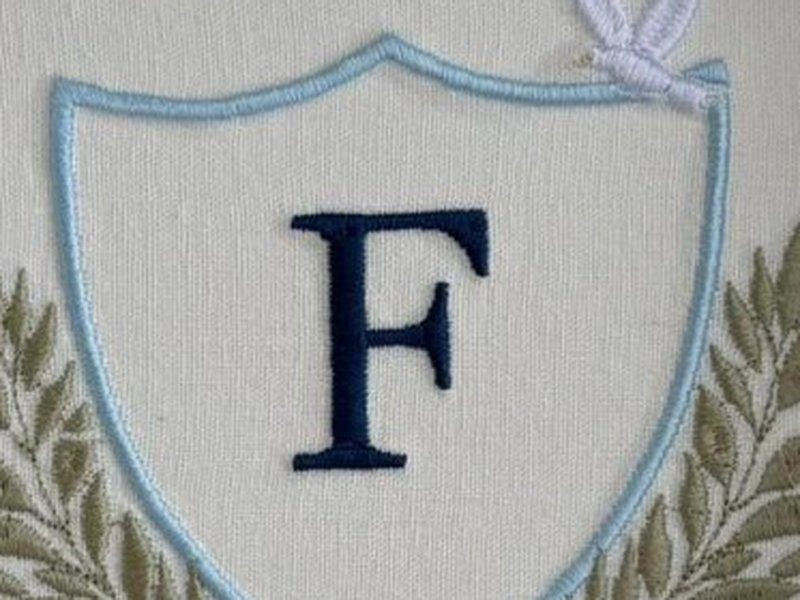 Escudo de contorno azul-claro com a letra F azul escuro em ponto cheio ao centro