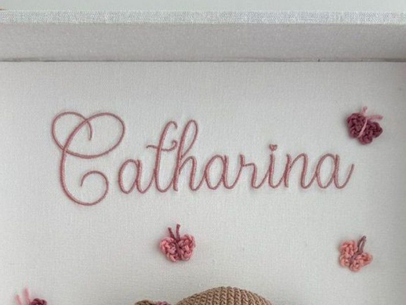 O nome Catharina bordado por inteiro em cursiva rosa, com uma borboleta de croch� a direita