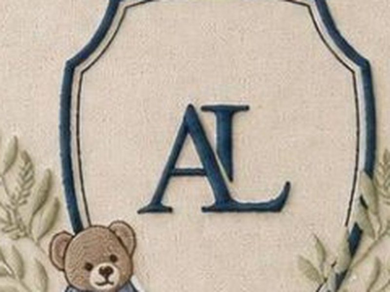 O monograma AL entrela�ado, bordado em azul dentro do escudo