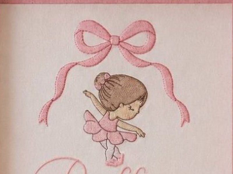 A bailarina bordada em ponta, de tutu rosa e coque, sob o la�o de fitas ca�das