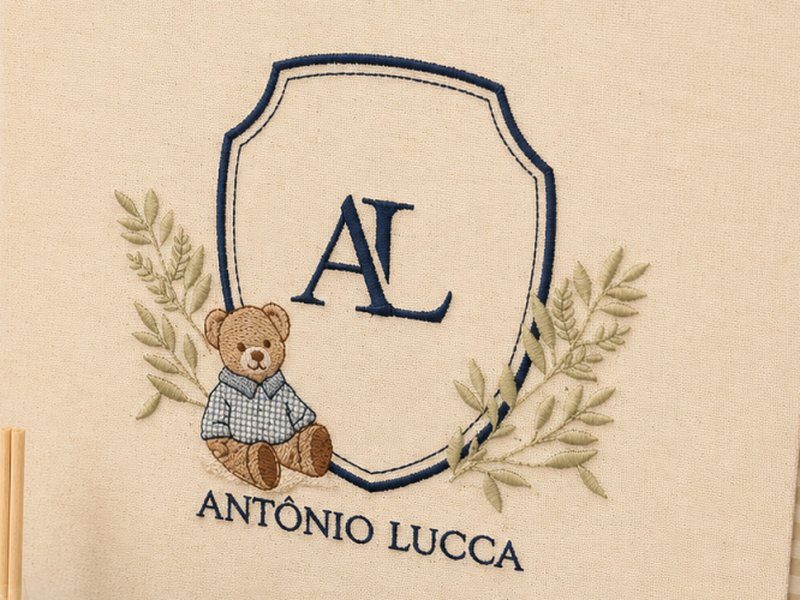 Escudo bordado em marinho com o monograma AL, ursinho de camisa xadrez sentado e ramos de oliveira verdes dos dois lados, com ANT�NIO LUCCA bordado embaixo