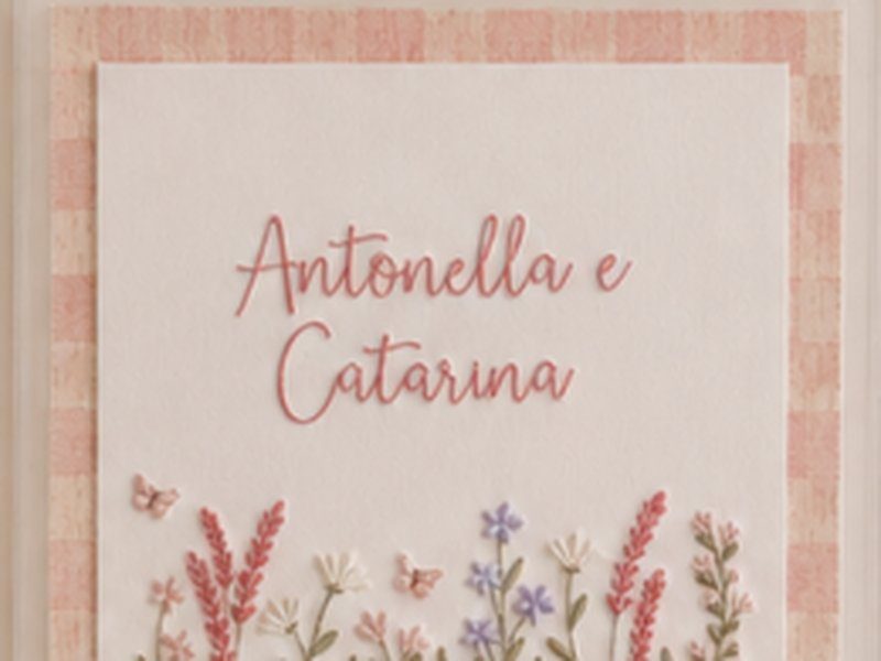 Os nomes Antonella e Catarina bordados em duas linhas sobre o campo de flores