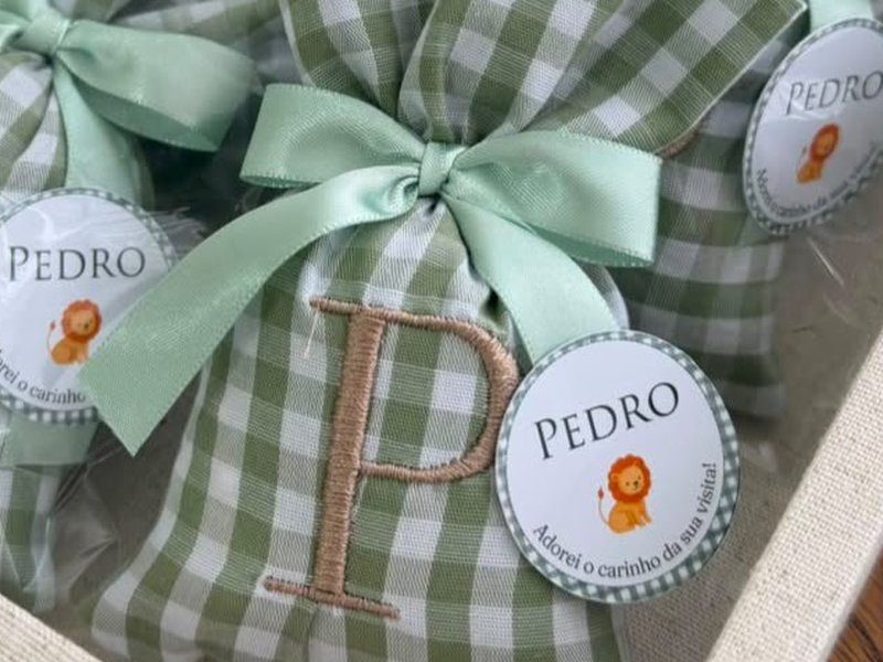 Sach� de tecido xadrez vichy verde com a inicial P bordada em bege, la�o de cetim verde e tag redonda com o nome PEDRO e um le�o