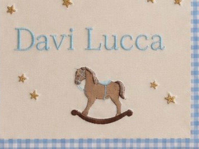 O nome Davi Lucca bordado em azul com o cavalo de balan�o logo abaixo