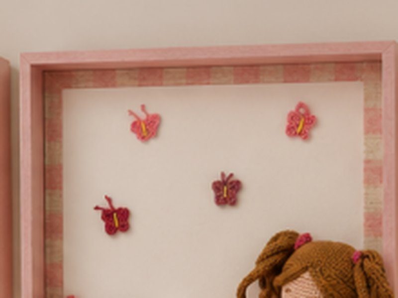 O quadro central do trio, com a boneca de croch� sentada entre flores de croch� e borboletas em relevo