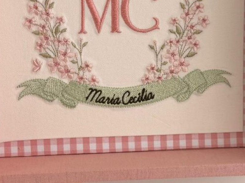 A faixa verde bordada com o nome Maria Cec�lia escrito em cursiva escura