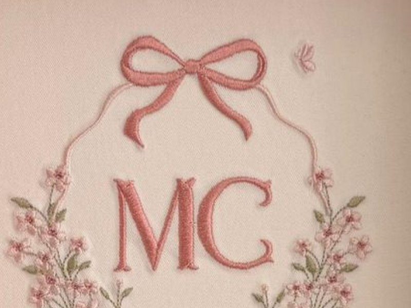 O monograma MC em letras rosa, sob o la�o bordado e entre os ramos de flores de cerejeira