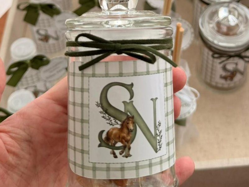 Baleiro de vidro com tampa de bolha, amarra��o de camur�a verde e r�tulo com o monograma SN e um cavalo a galope