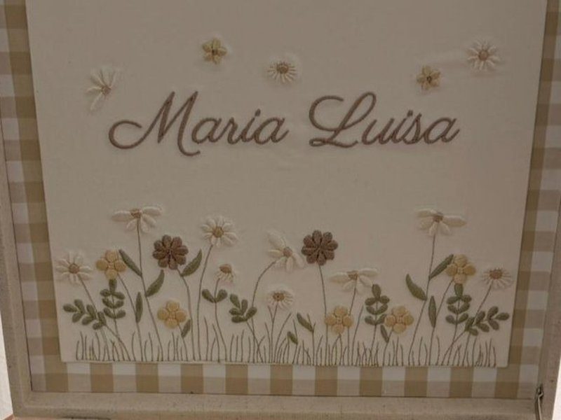 Maria Lu�sa bordado em marrom sobre um campo de margaridas e florzinhas bordadas em creme, amarelo e verde