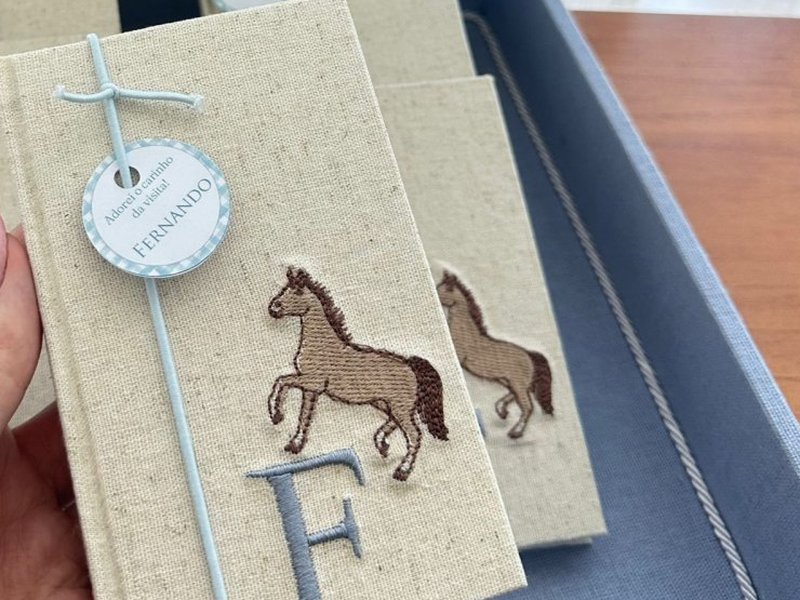 Cadernetas com cavalo bordado dentro de caixa azul-acinzentada forrada